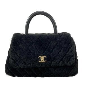 CHANEL Small Top Handle Flap Bag w/V-Stitching (Chevron) A92990 Black Handbag